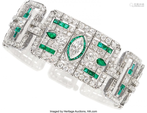 55128: Art Deco Diamond, Emerald, Platinum, White Gold