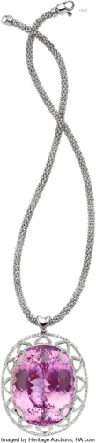 55160: Kunzite, Diamond, White Gold Pendant-Necklace S