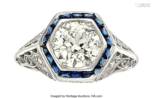 55120: Art Deco Diamond, Sapphire, Platinum Ring Stone