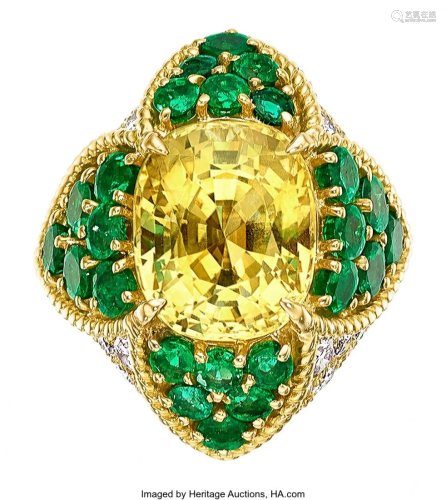 55015: Yellow Sapphire, Diamond, Emerald, Gold Ring, Pe