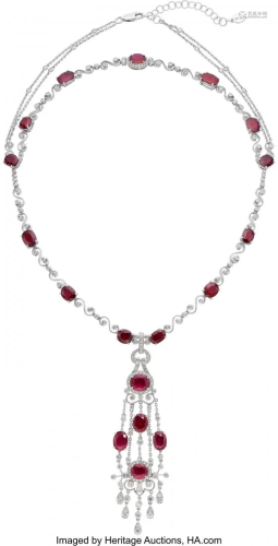 55081: Ruby, Diamond, White Gold Necklace Stones: Oval