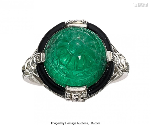 55119: Art Deco Emerald, Diamond, Enamel, Platinum Ring
