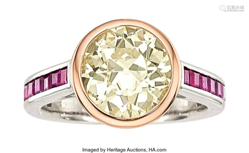 55074: Colored Diamond, Ruby, Platinum, Rose Gold Ring