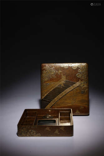 明治時期 蒔繪波鳥紋硯箱