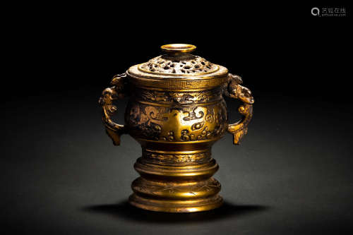 在款 明代 古銅造鎏金 饕餮紋双耳香炉