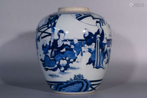 Qing dynasty, KANG XI, blue and white porcelain jar with fig...
