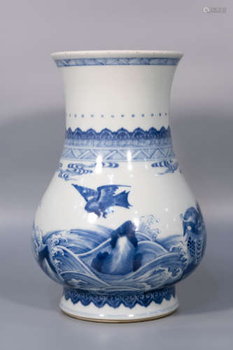 18 Century, blue and white seawater pattern porcelain zun