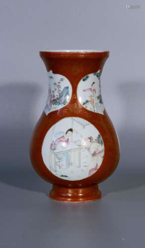 Qing dynasty, coral ground famille rose porcelain zun with f...