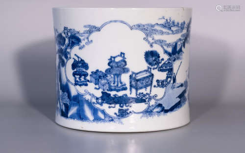 Qing dynasty, KANG XI, blue and white landscape and figure d...