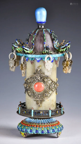 A Jade Inset Enamel on Silver Incense Burner LateQing