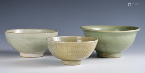A Longquan Celadon Bowl & Two Celadon Glazed Bowls