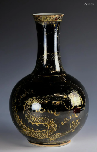 A Gilt Black Glaze Vase Double Ring Mark Early Qing