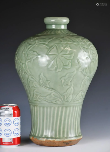 A Longquan Celadon Carved Floral Meiping Vase,Ming