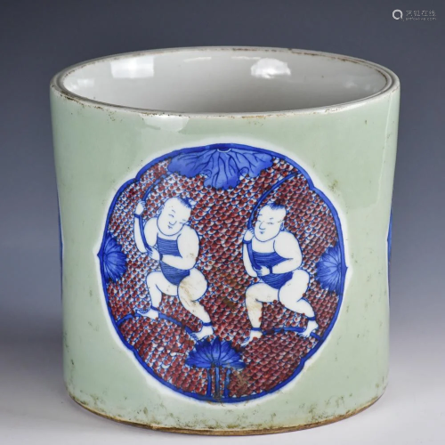 A Celadon Glaze Blue and Red Brush Pot Kangxi Mark,19th