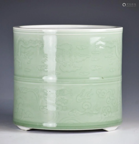 A Celadon Glazed Dragon Brush Pot, Republican