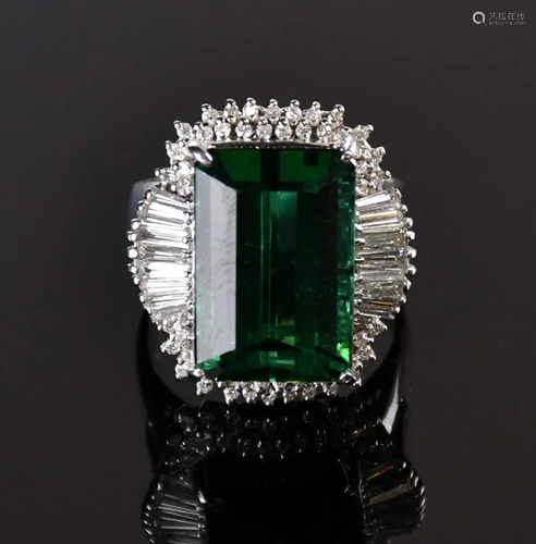 A Green Tourmaline & Diamond Ring, with Certificate