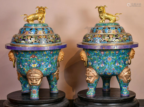 A Pair of Large Chinese Gilt Bronze & Cloisonne Censer