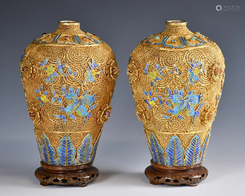 A Pair of Export Metal Gilt Cloisonne Enamel Vases