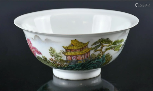 A Famille Rose Landscape Bowl Qianlong Mark 1960-70's