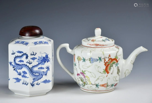 A Famille Rose Tea Pot And A Blue & White Tea Leaf Jar