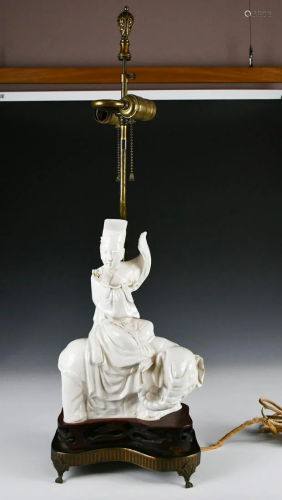 A Mounted Blanc de Chine Figural Lamp,19th C.