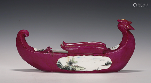 A Pink Enamel and Famille Rose Porcelain Boat