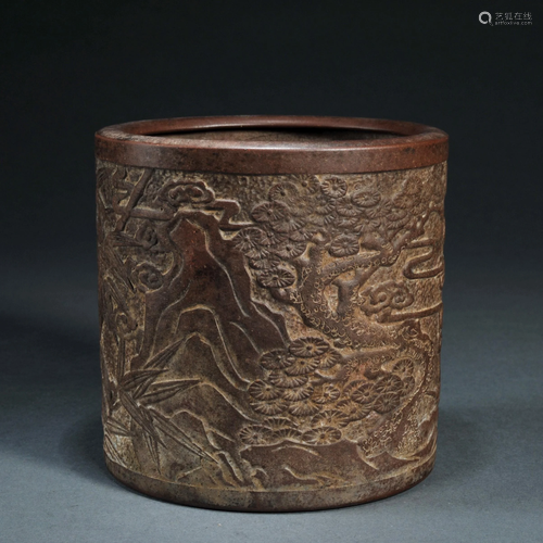 A Carved Yixing Glazed Brushpot