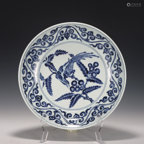 A Blue and White Bird and Flower Plate
