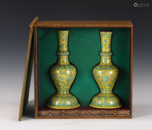 Pair Yellow Ground and Green Enameled Candlesticks
