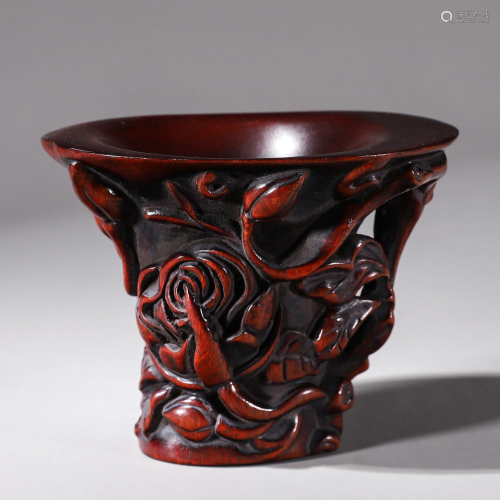 A Carved Rosewood Peony Cup