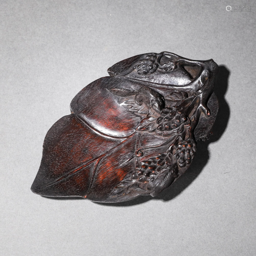 A Carved Rosewood Grapefruits and Squirrel Inkwell