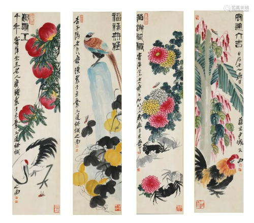 Four Pages of Chinese Scroll Panting by Qi Baishi