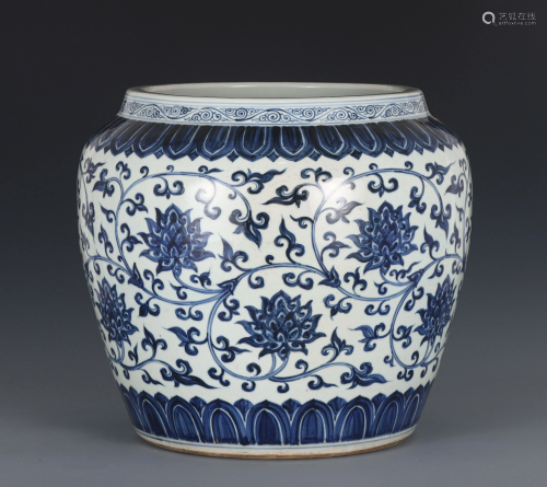 A Blue and White Lotus Scrolls Jardiniere