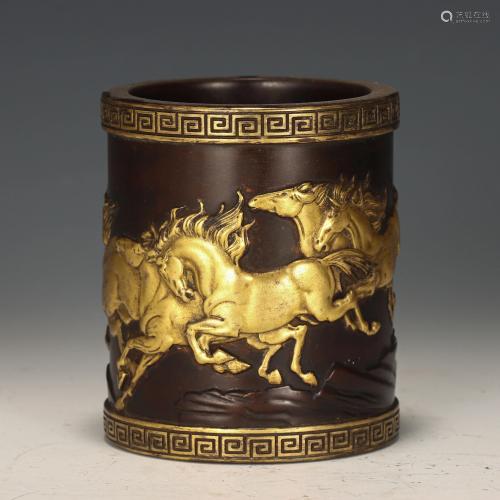 Bronze Parcel Gilt Horses Brush-pot