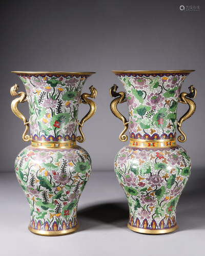 Pair Cloisonne Enamel Yen-yen Vases