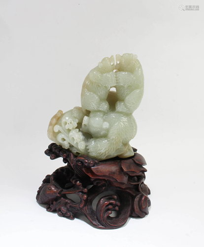 Chinese Carved Jade Bear Ornament with Wooden Stand