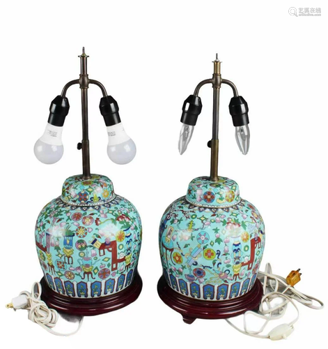 A Pair of Antique Cloisonne Table Lamps, with wooden