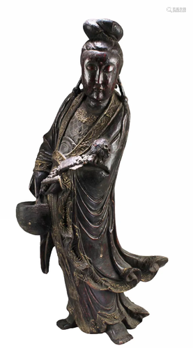 Antique Carved Lacquer Wooden Guanyin Statue