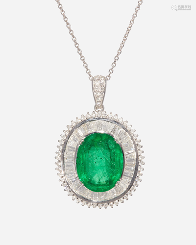 An emerald and diamond pendant necklace