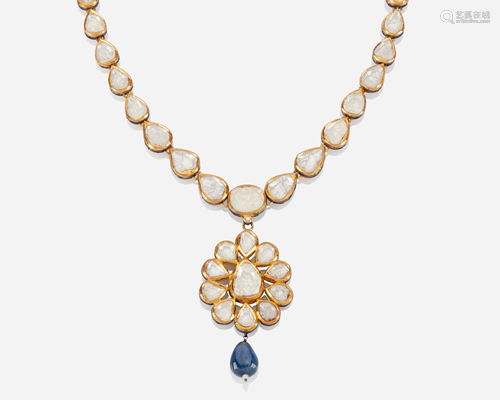 An Indian diamond and blue enamel necklace