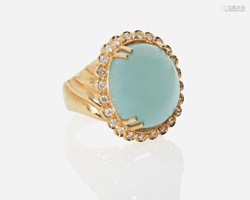 A cabochon aquamarine and diamond ring