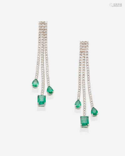 A pair of emerald and diamond ear pendants