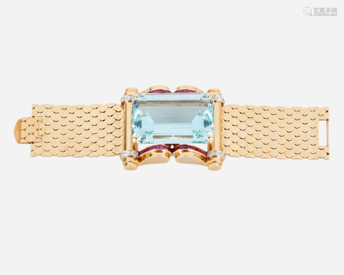 A retro aquamarine, ruby, and diamond bracelet