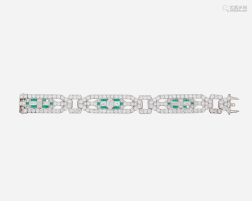 An Art Deco diamond and emerald bracelet