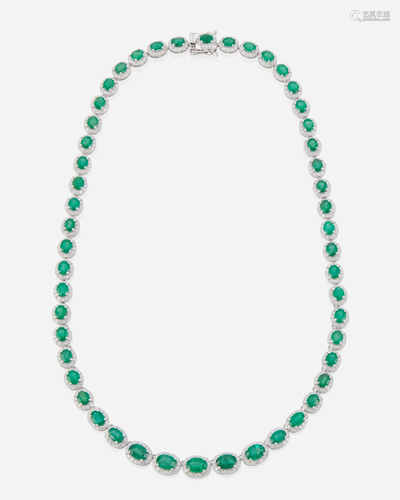 A graduated emerald and diamond necklace