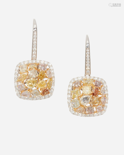 A pair of colored and near colorless diamond earrings