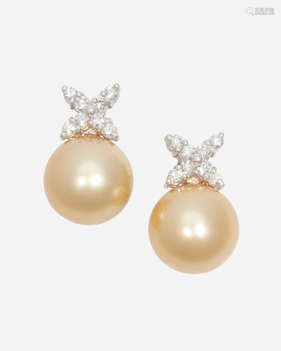 A pair of golden South Sea cultured pearl and diamond