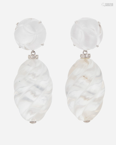 A pair of carved fluted rock crystal and diamond ear