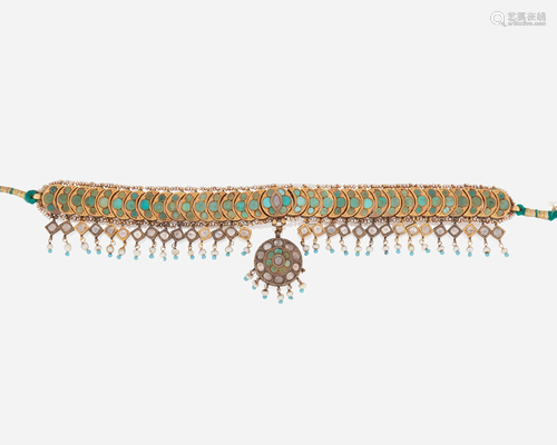 An Indian turquoise and diamond choker necklace