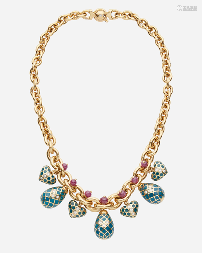 An Italian enamel, diamond, and ruby fringe necklace